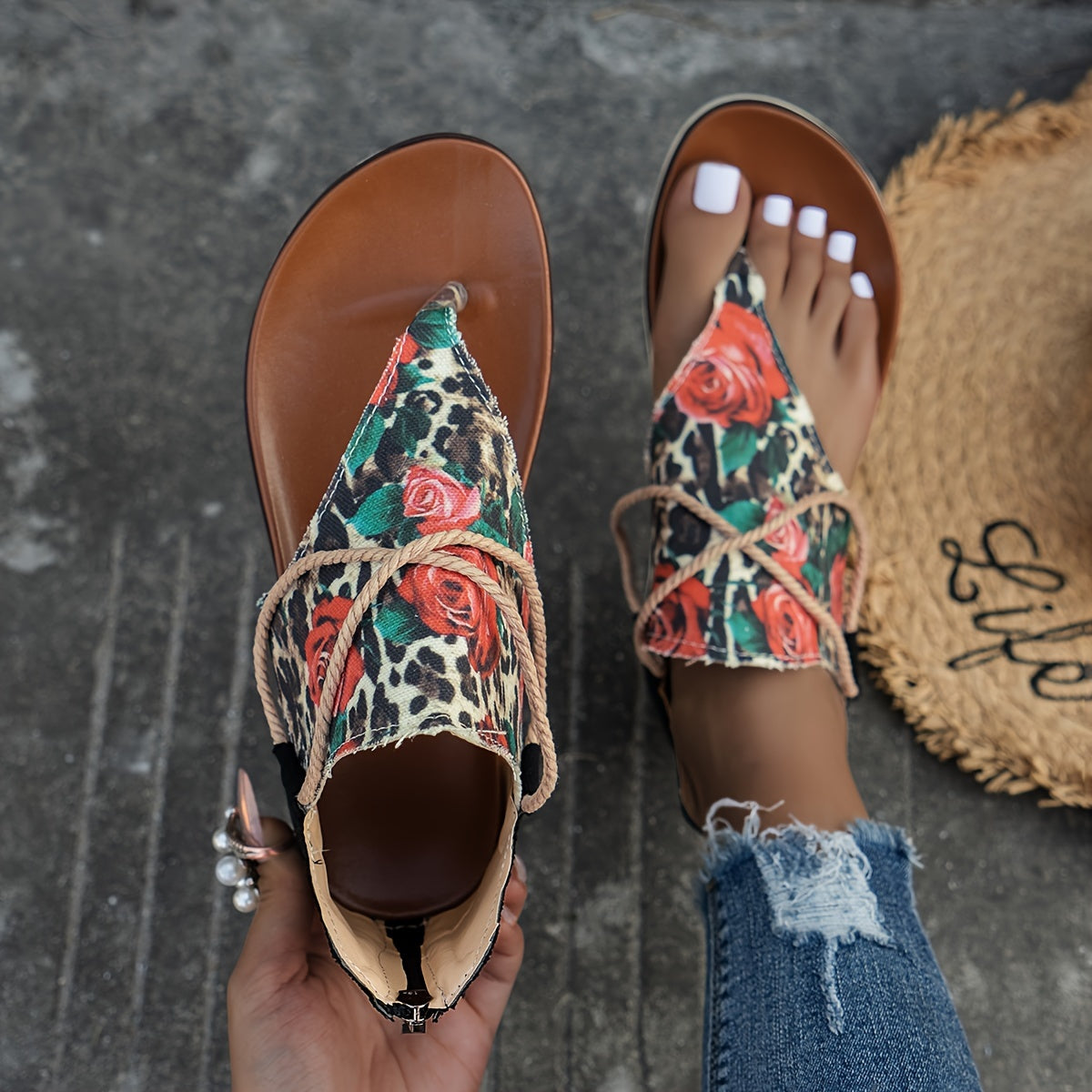 Women's Leopard Floral Print Clip Toe Sandals