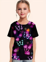 Girls Butterfly & Heart Print Tee Summer Clothes Gift