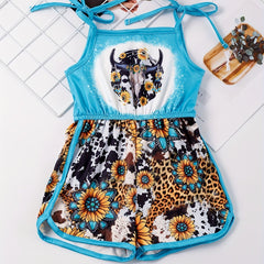 Toddler Girls Sunflower Leopard & Bull Head Cami Romper Jumpsuit