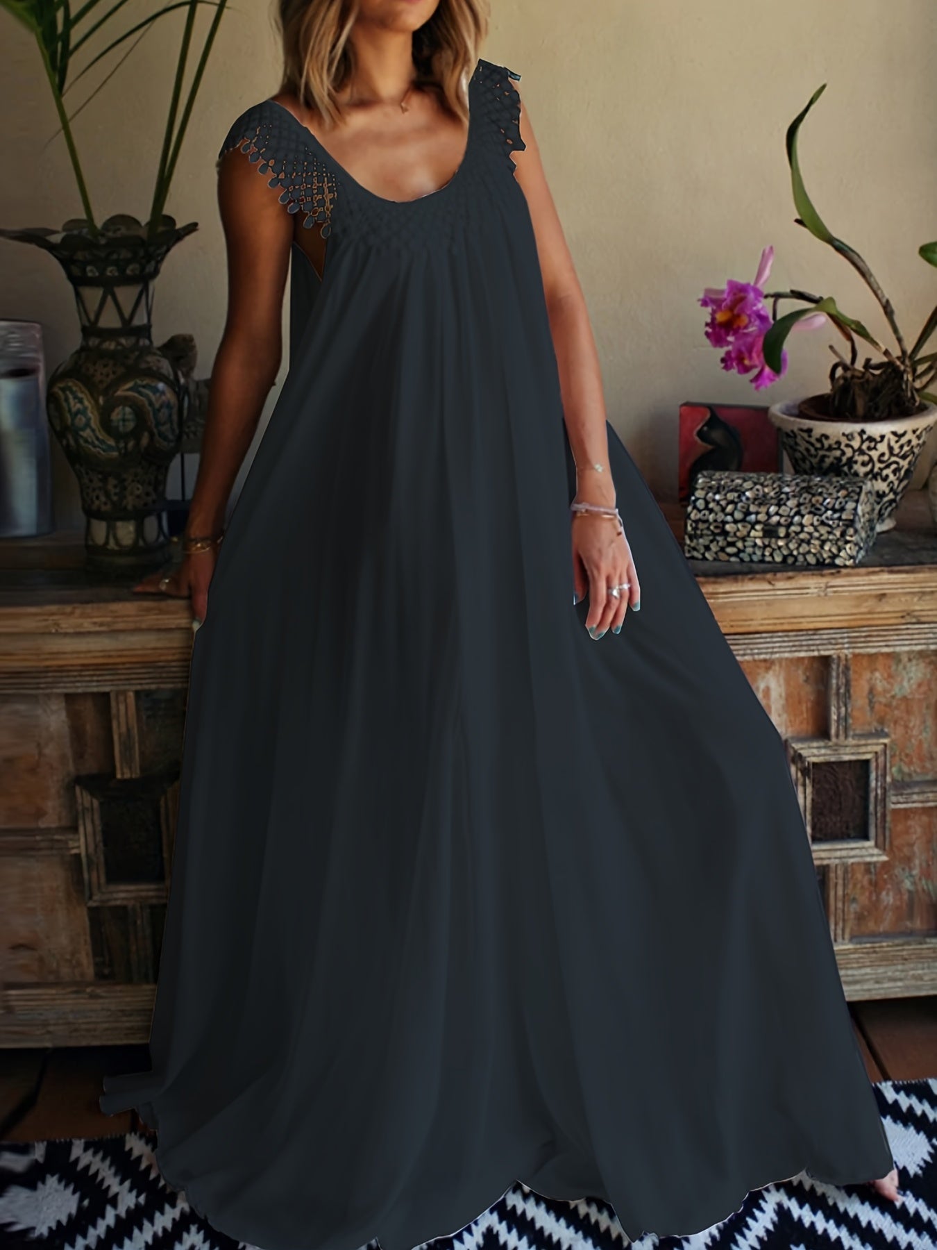 Boho Dress Women's Plus Lace Round Neck Loose Fit Dress