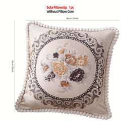 Chenille Embroidered Rose Floral Sofa Pillow Cover 19x19 Inches