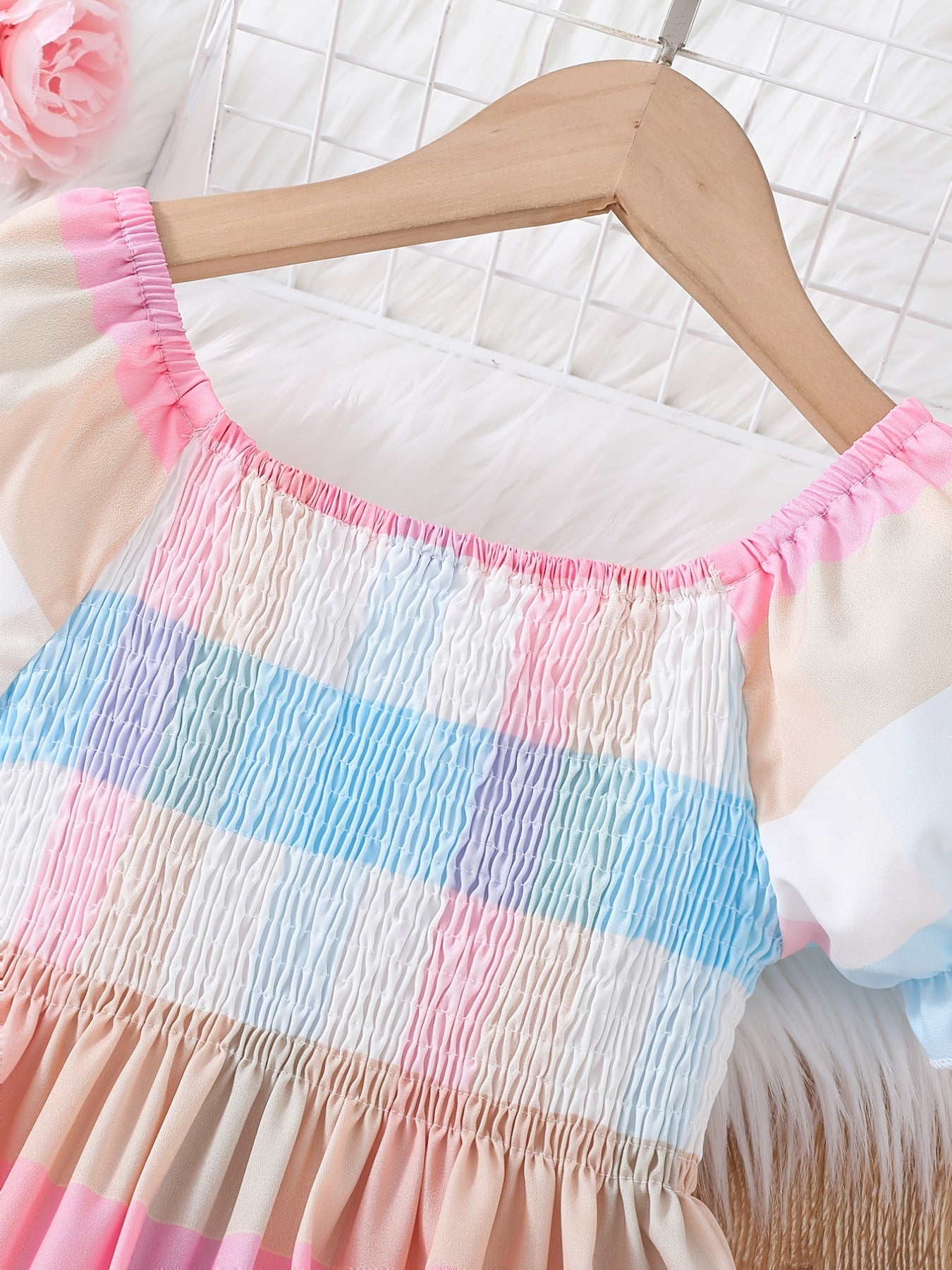 Girls Shirred Puff Sleeve Colorful Plaid Party Dress Kids Summer Clothes