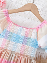 Girls Shirred Puff Sleeve Colorful Plaid Party Dress Kids Summer Clothes