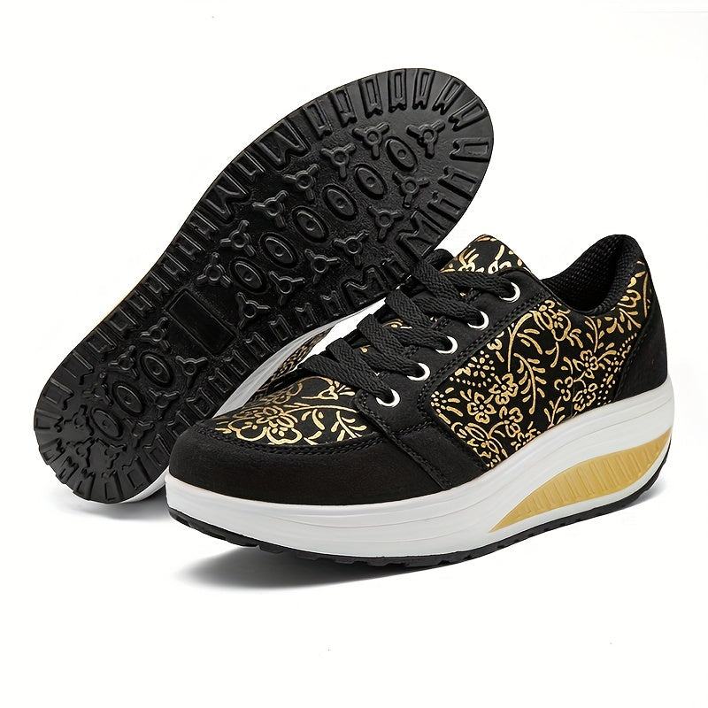 Floral Pattern Wedge Sneakers Lace Up Thick Sole Walking Shoes