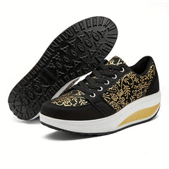Floral Pattern Wedge Sneakers Lace Up Thick Sole Walking Shoes