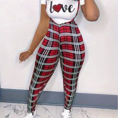 Women's Letter & Plaid Print Top & Jumpsuit Set