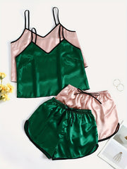 Solid Satin Pajama Set V Neck Cami Top & Shorts Women's Sleepwear