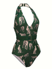 Leopard Print V Neck One Piece Bathing Suit