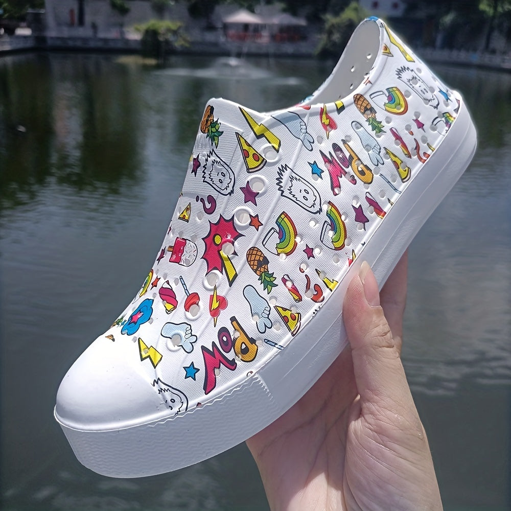 Women's Graffiti Hollow Out Slip On Low Round Toe Beach Shoes