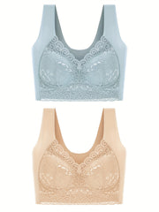 Lace Decor Sports Bra V Neck Yoga Workout Bra 2pcs