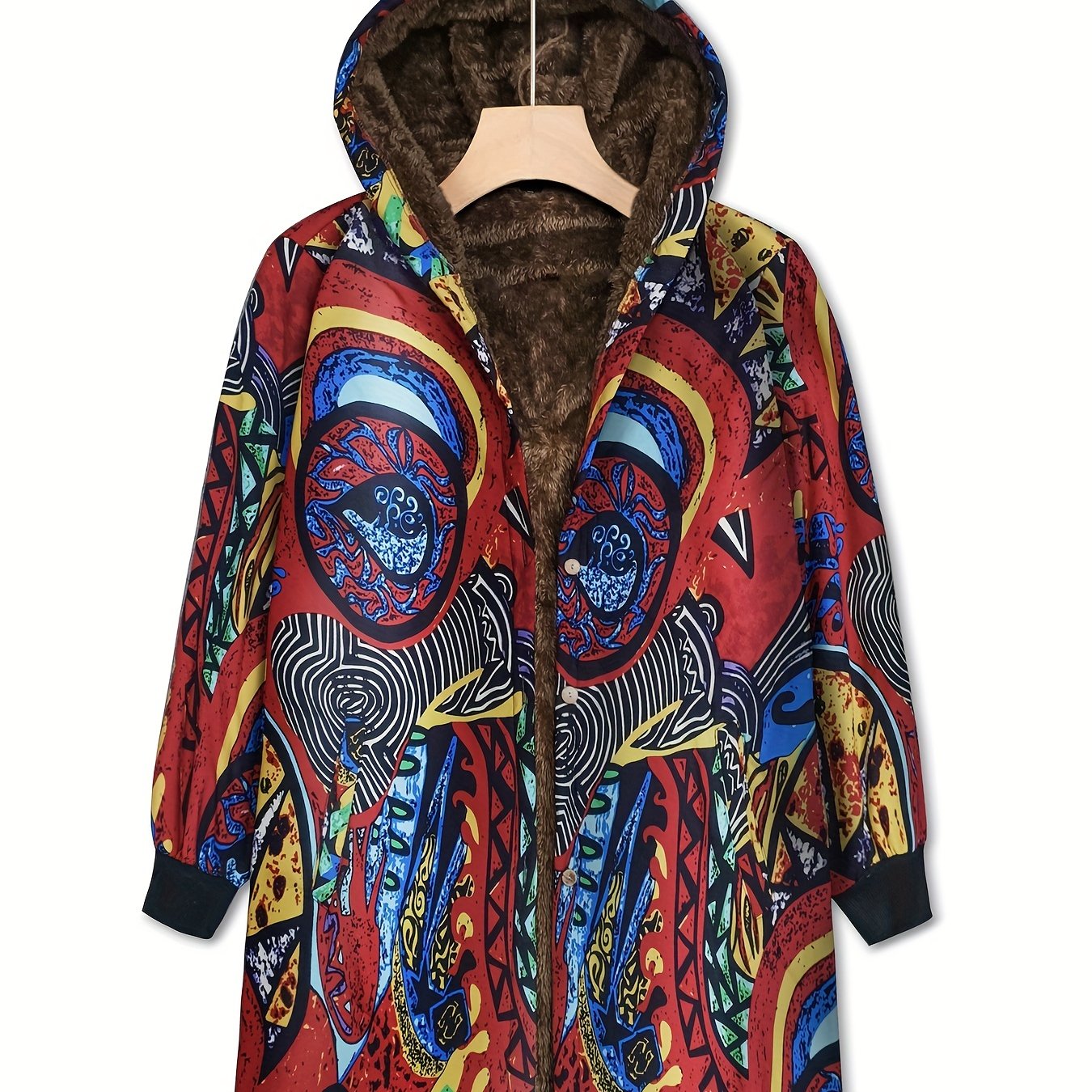 Abstract Print Hooded Coat Open Front Long Sleeve Outerwear