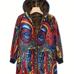 Abstract Print Hooded Coat Open Front Long Sleeve Outerwear