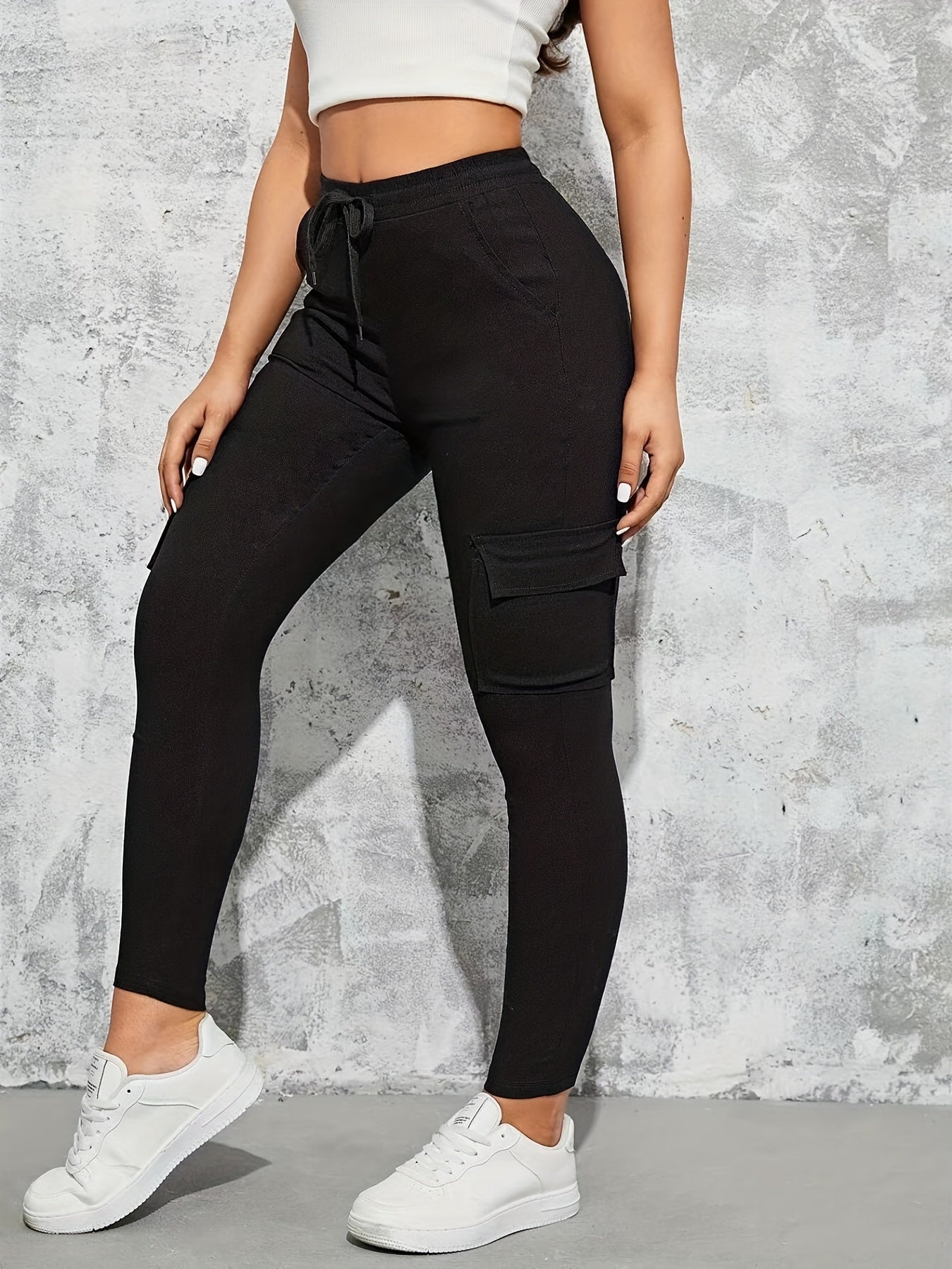 Solid Skinny Pants Drawstring Waist Flap Pocket Casual Pants