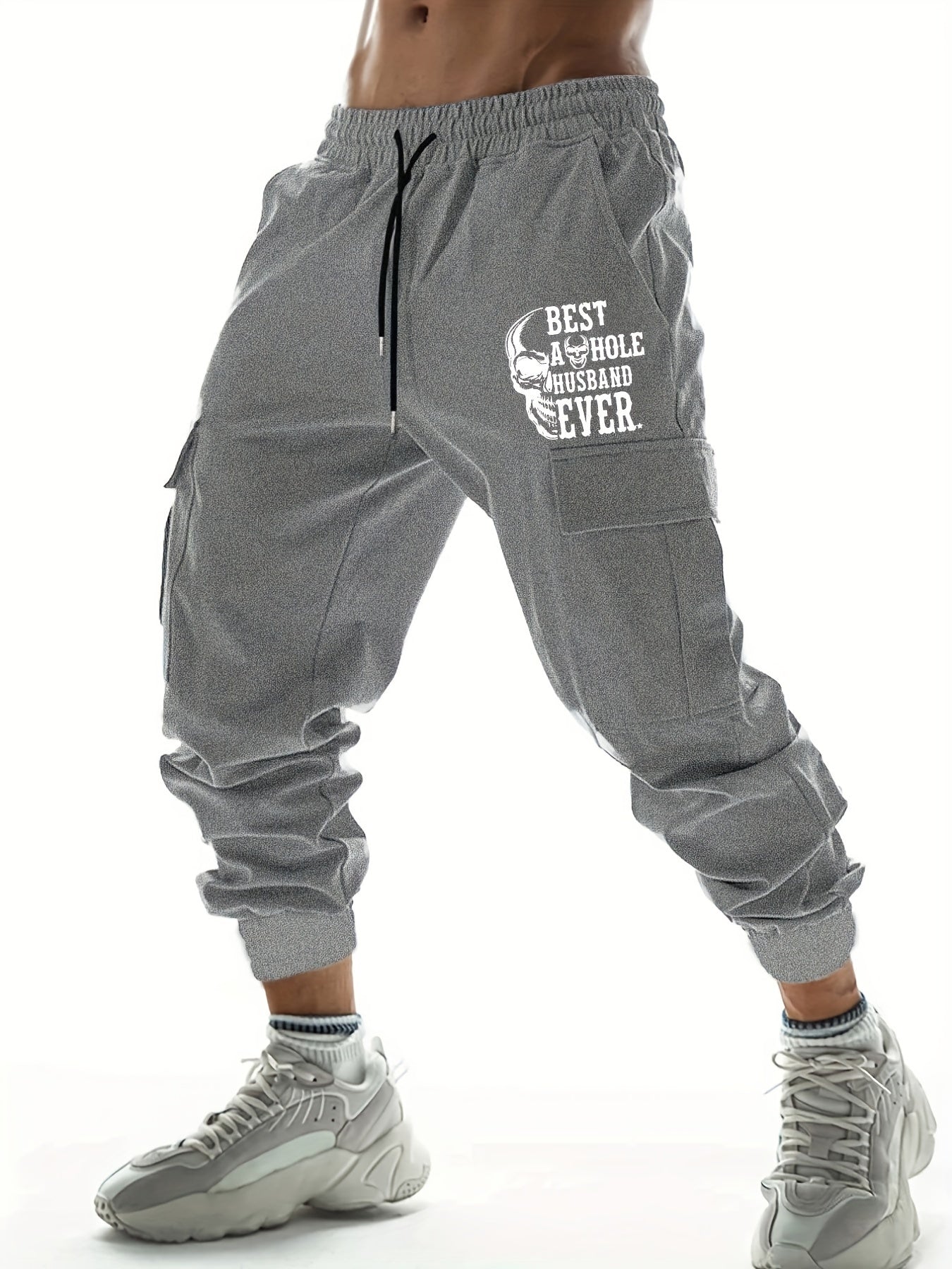 Skull Print Men's Cargo Pants Drawstring Loose Joggers