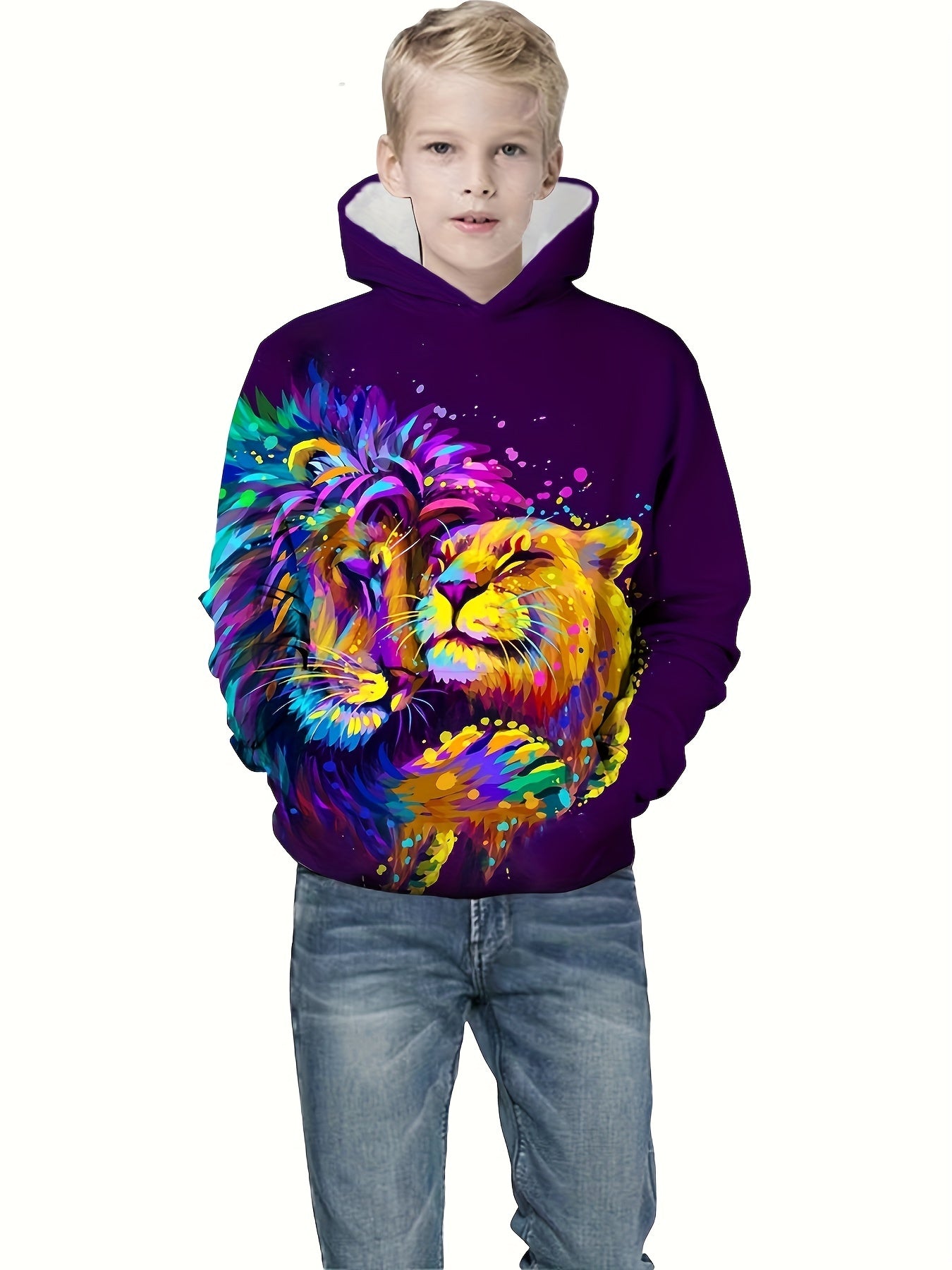 Colorful Lion Print Boys Hooded Sweatshirt
