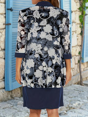 Floral Print 3/4 Sleeve Coat & Midi Dress Set