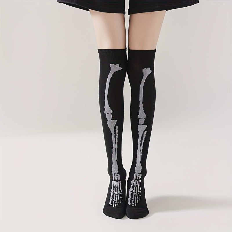 Skull Print Thigh High Socks Halloween Over The Knee Women's Stockings