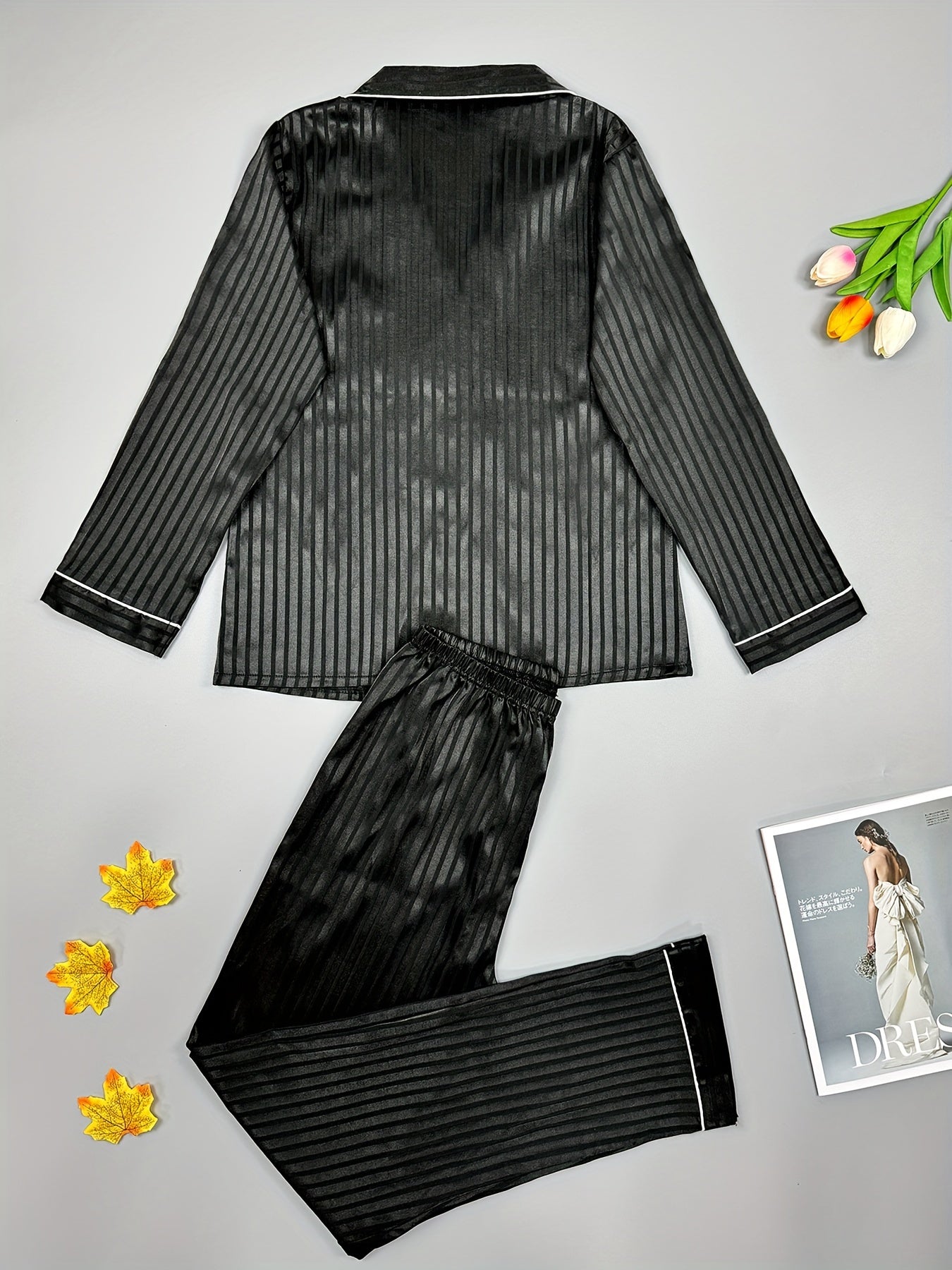 Striped Satin Pajama Set Long Sleeve Top & Pants Women's Sleepwear