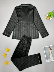 Striped Satin Pajama Set Long Sleeve Top & Pants Women's Sleepwear