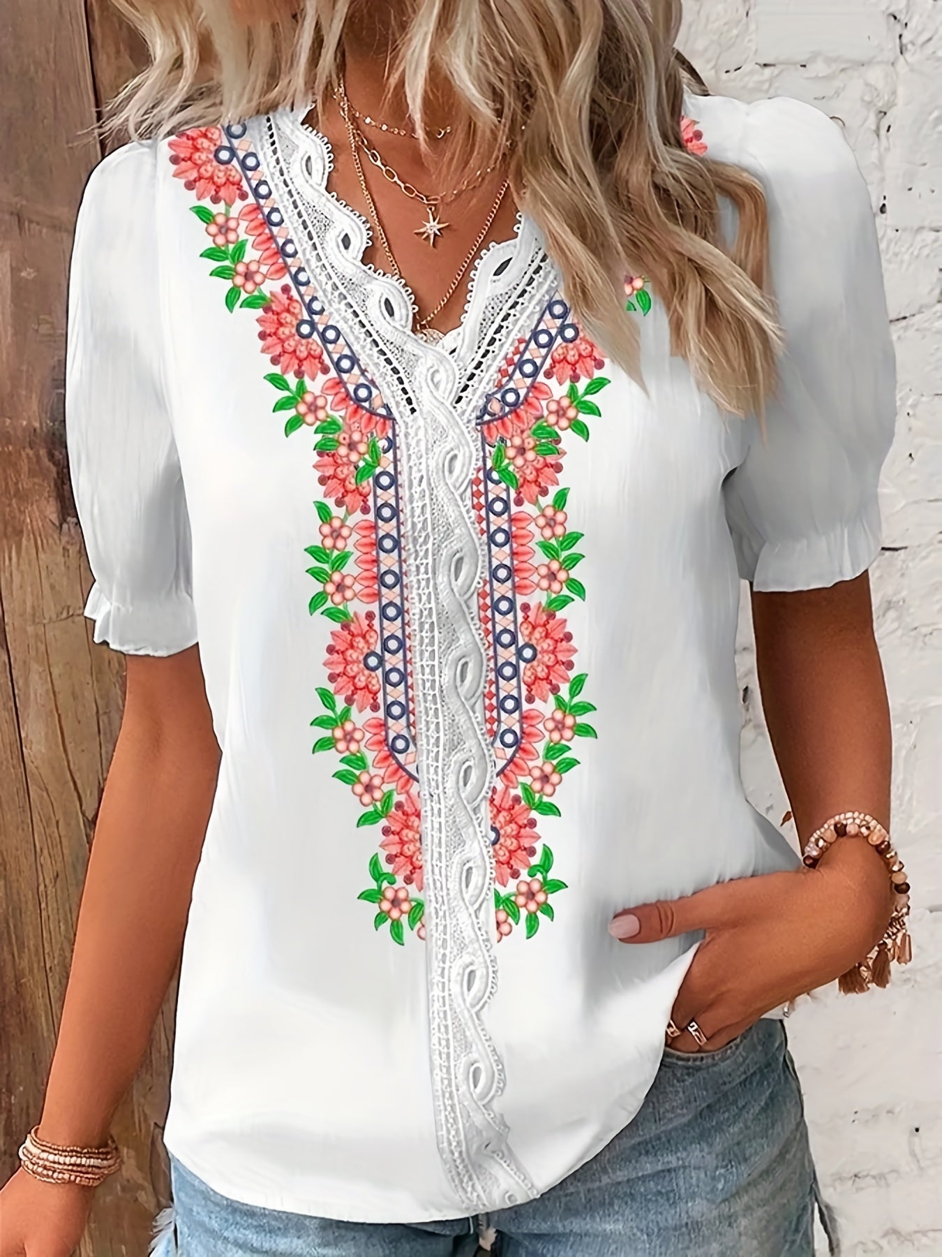 Floral Print Lace Sleeve V Neck Blouse