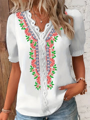 Floral Print Lace Sleeve V Neck Blouse