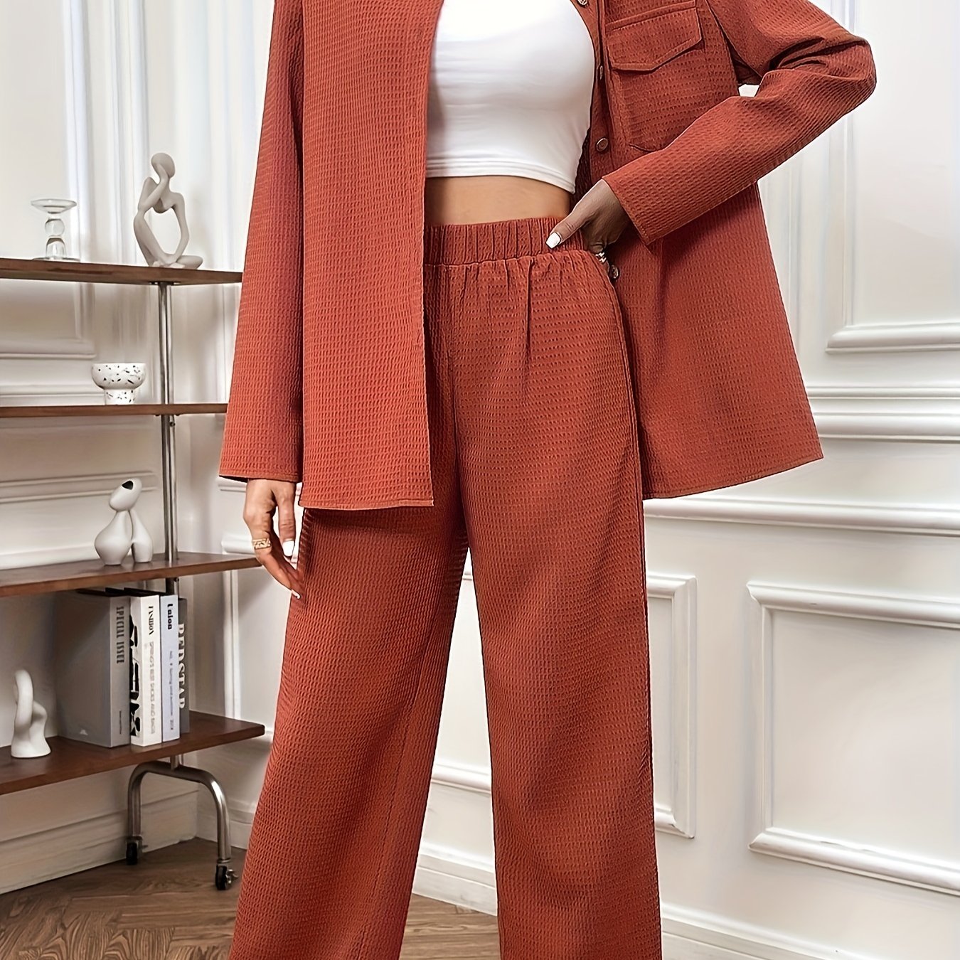 Solid Waffle 2pc Set Drop Shoulder Shirt & High Waist Pants Outfit