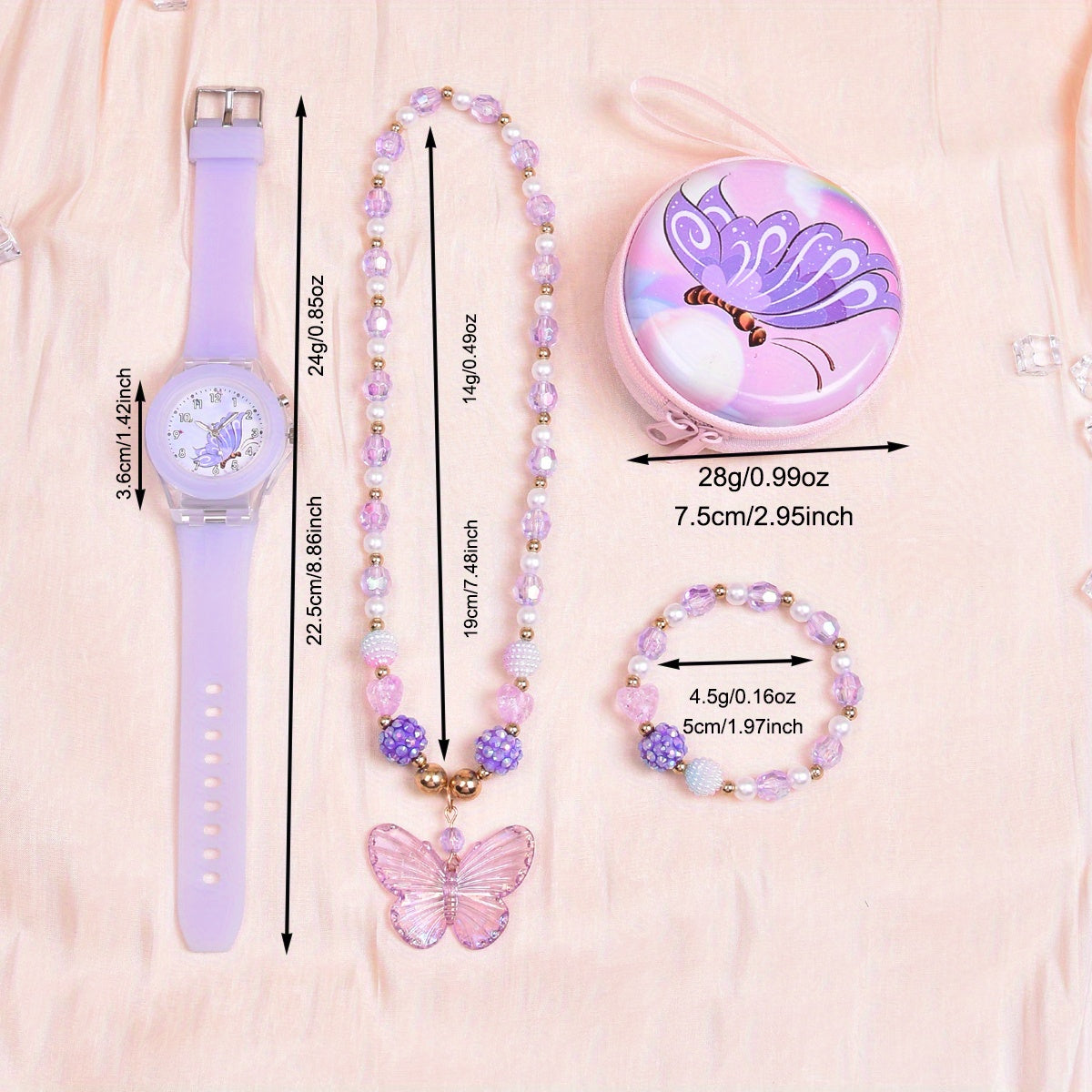 Girls Silicone Butterfly Watch Set with Bracelet, Necklace, Coin Purse