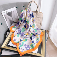 70cm Flower Print Bandana Block Satin Square Scarf Silk Neckerchief Turban