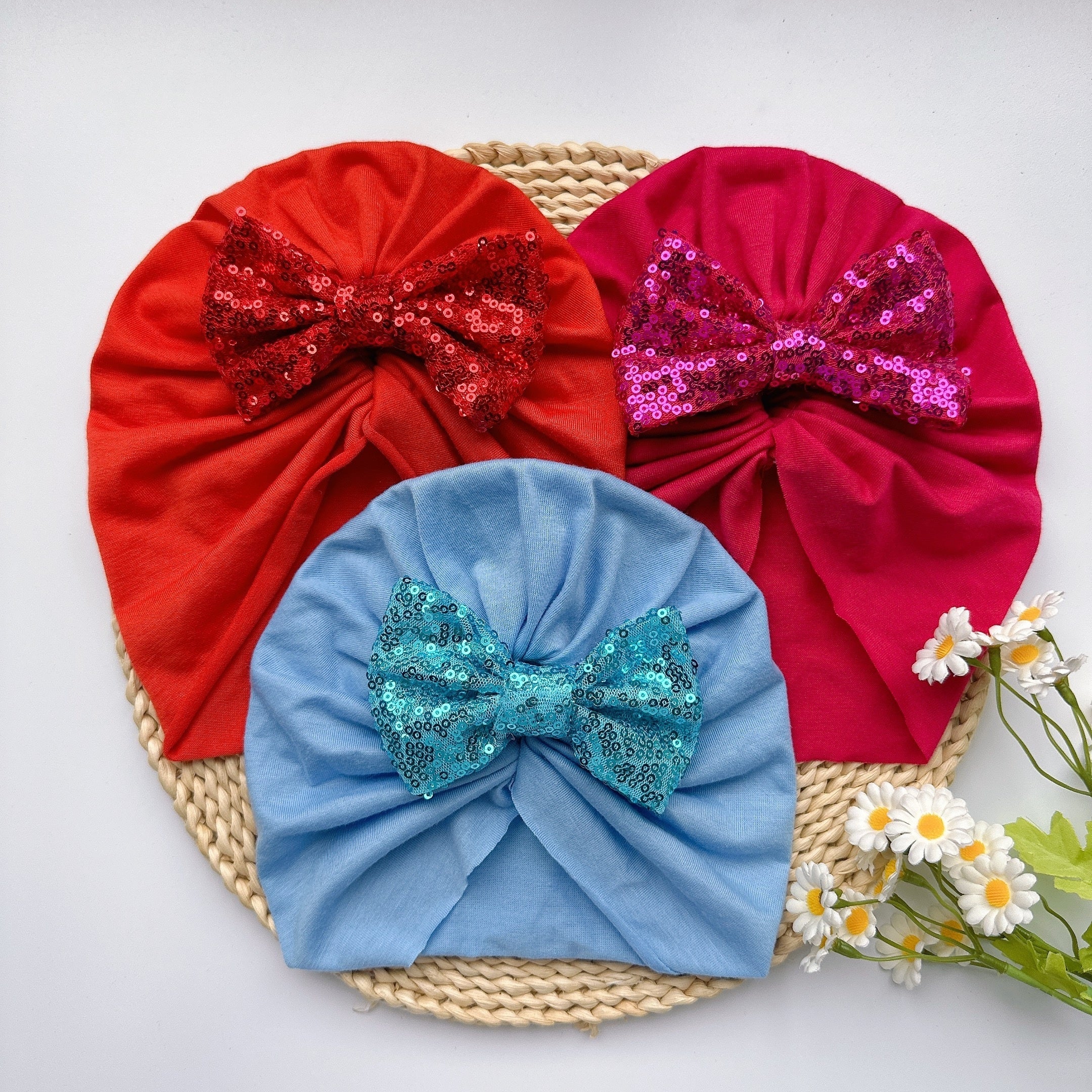 Sequin Bowknot Turban Baby Girls Soft Elastic Headband