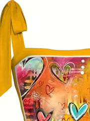 Graffiti Heart Print Tie Shoulder One Piece Bathing Suit with Sarong Cover Up