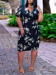 Floral Print V Neck Dress with Pockets