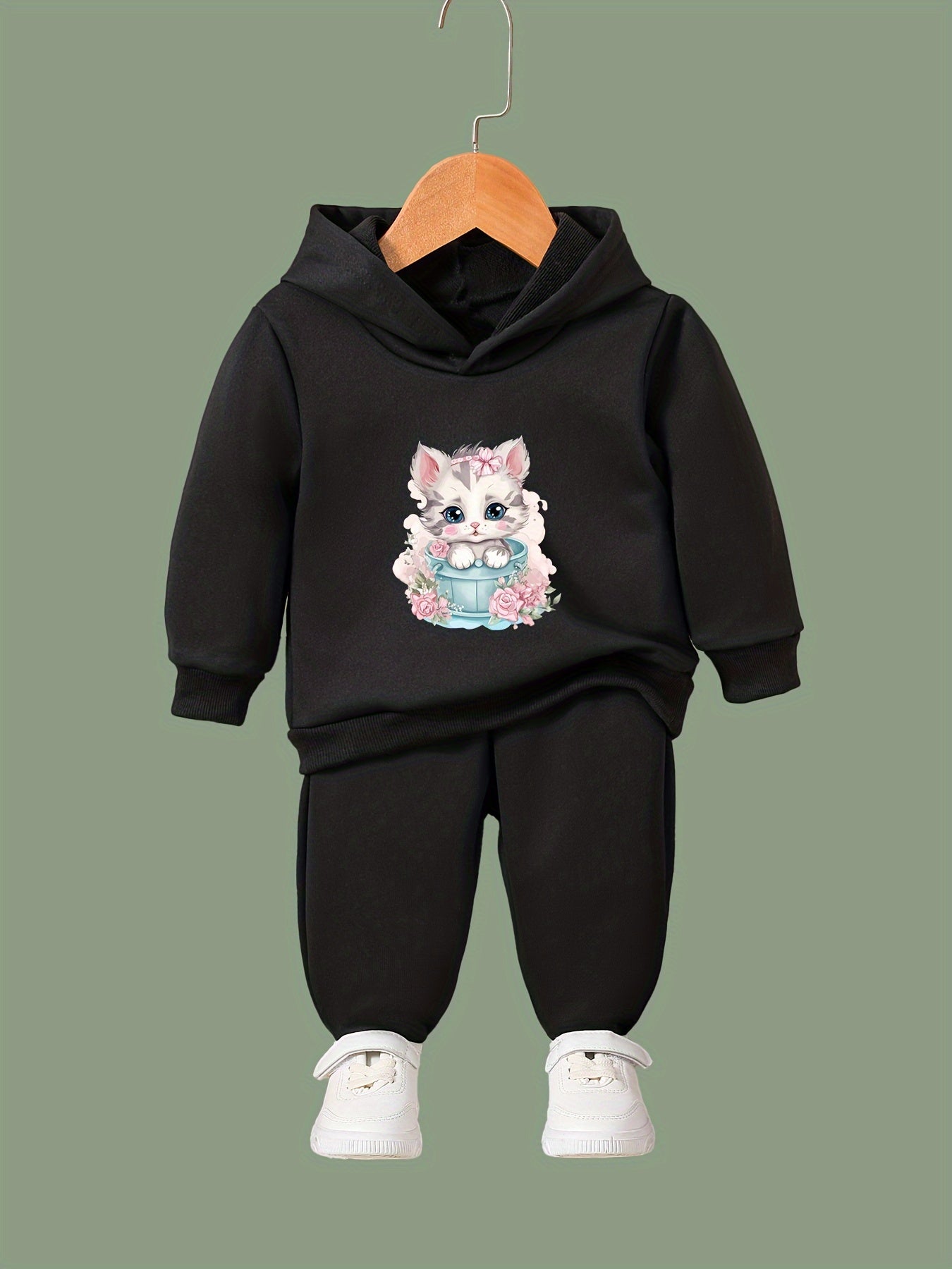 Flower Kitten Print 2pcs Girls Outfits for Sports Spring Fall Outdoor