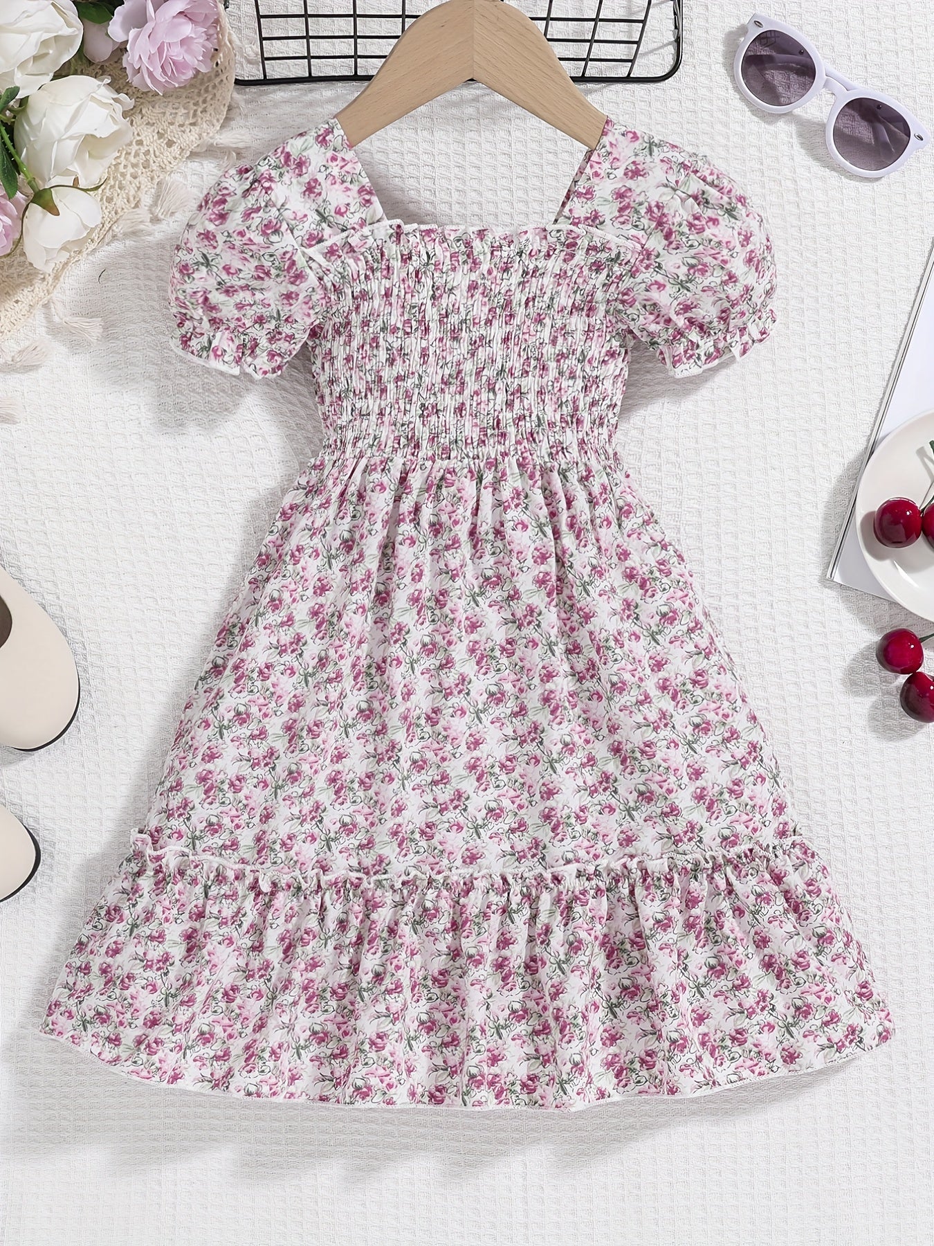 Girls Boho Floral Shirred Casual Dress Comfy Square Neck Kids Summer Dress