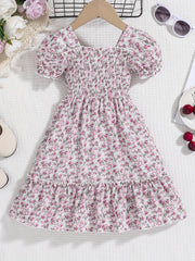 Girls Boho Floral Shirred Casual Dress Comfy Square Neck Kids Summer Dress