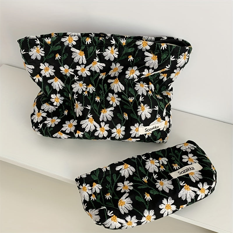 Daisy Embroidered Cosmetic Bag for Women - Roomy Toiletry Case