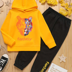 Boy 2pcs Hoodie & Elastic Waist Pants FANTASY Graffiti Tiger Print