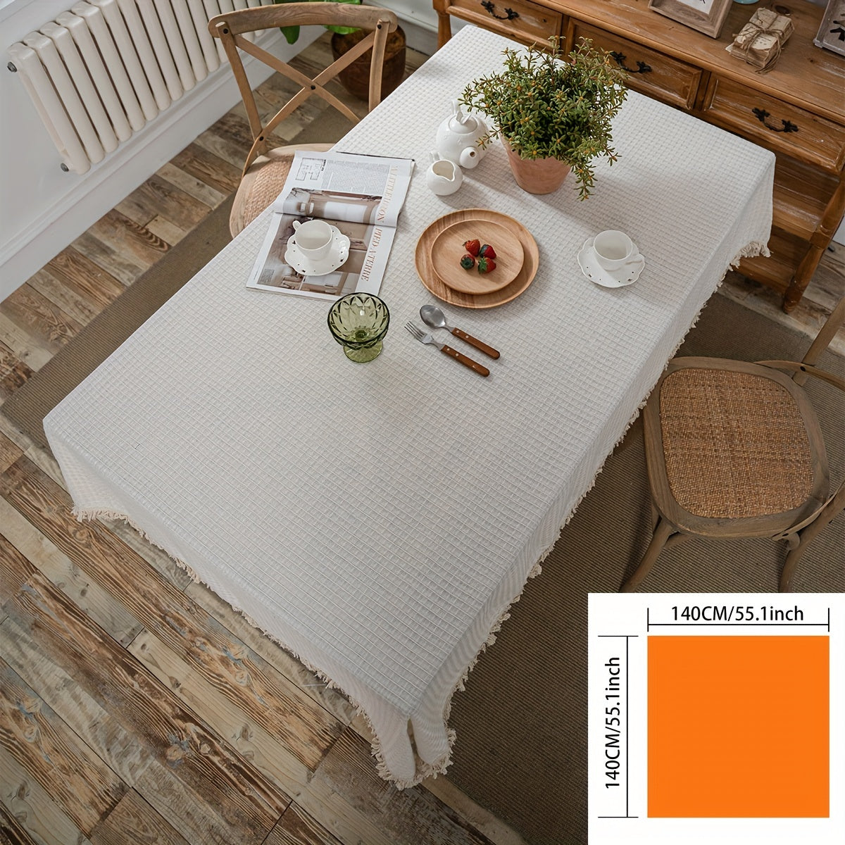 Beige Tassel Waffle Tablecloth Waterproof Rectangle Table Cover for Picnic