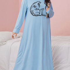Cat Print Long Sleeve Round Neck Sleep Dress