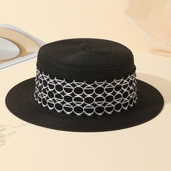 Straw Jazz Sun Hat Women Wide Strap Decor British Style Flat Top Fedora Cap