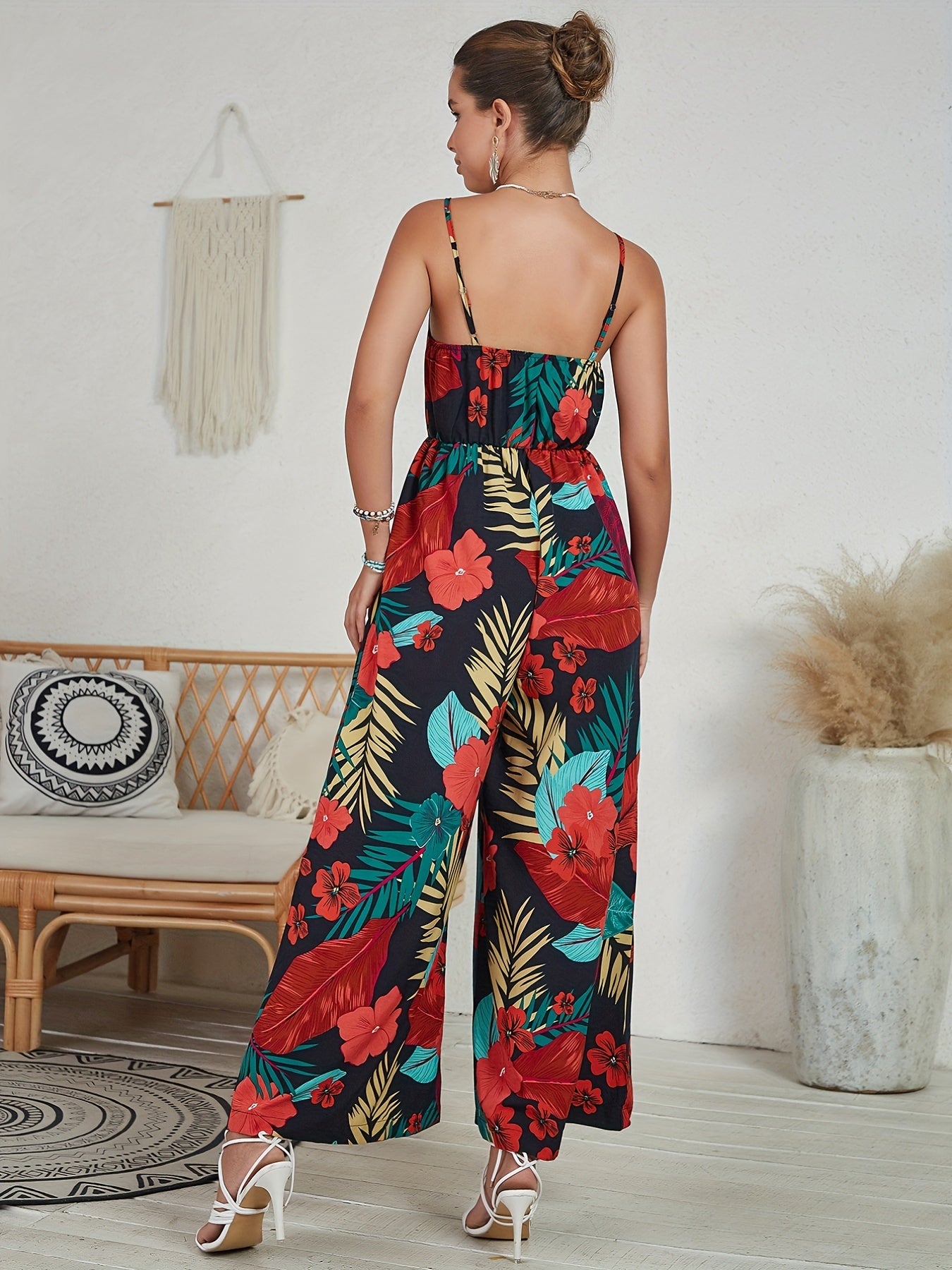 Tropical Print Spaghetti Jumpsuit Boho Wide Leg Sleeveless Summer Jumpsuit