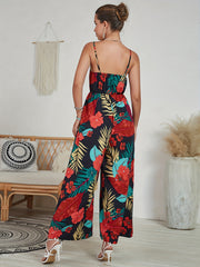 Tropical Print Spaghetti Jumpsuit Boho Wide Leg Sleeveless Summer Jumpsuit