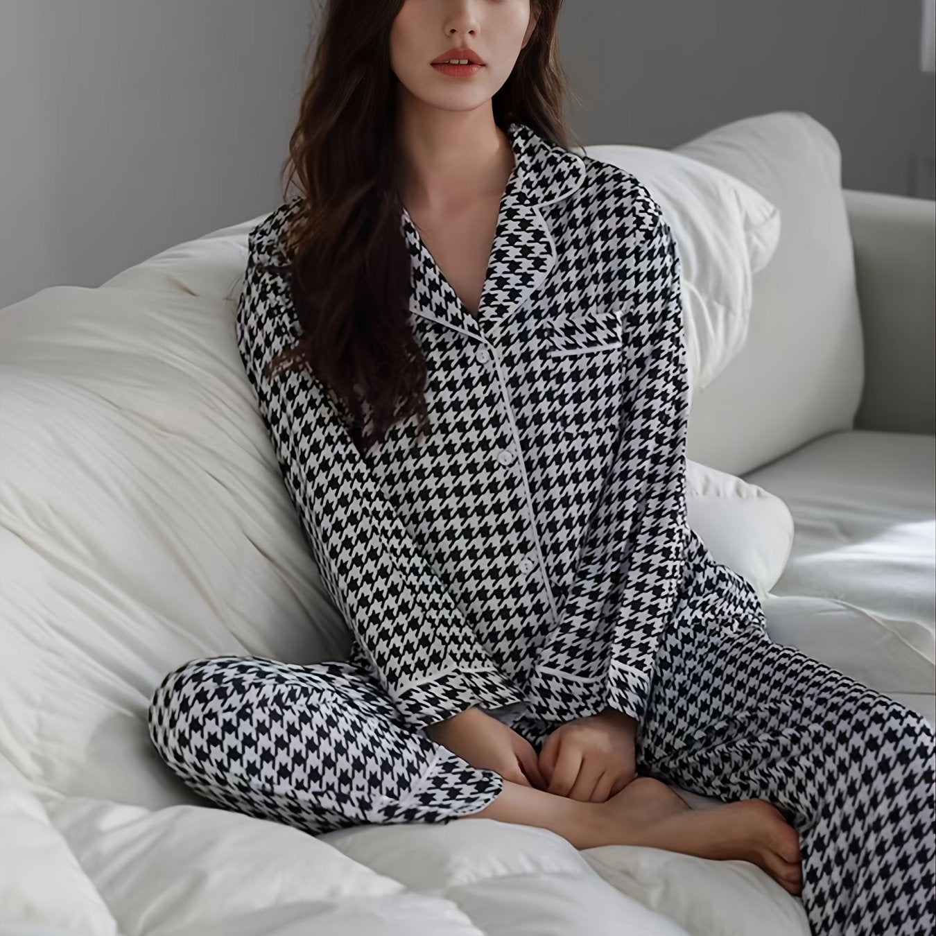Classic Houndstooth Pajama Set Long Sleeve Shirt & Trousers