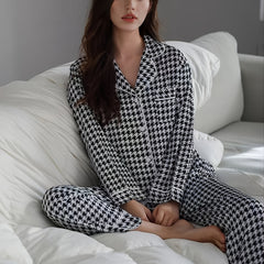 Classic Houndstooth Pajama Set Long Sleeve Shirt & Trousers