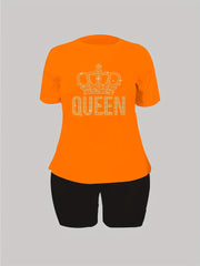 Women's Plus Rhinestone Crown & Letter Short Sleeve Tee & Shorts 2pcs Set