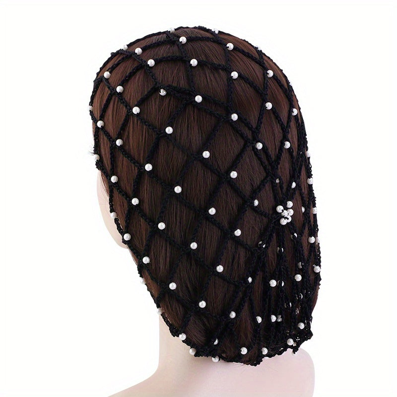 Rayon Hair Net Beaded Faux Pearl Crochet Beanie Women Elastic Snood