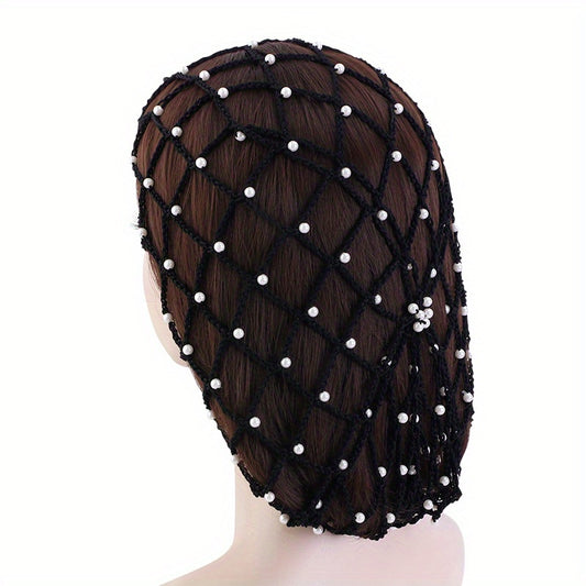 Rayon Hair Net Beaded Faux Pearl Crochet Beanie Women Elastic Snood