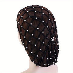 Rayon Hair Net Beaded Faux Pearl Crochet Beanie Women Elastic Snood