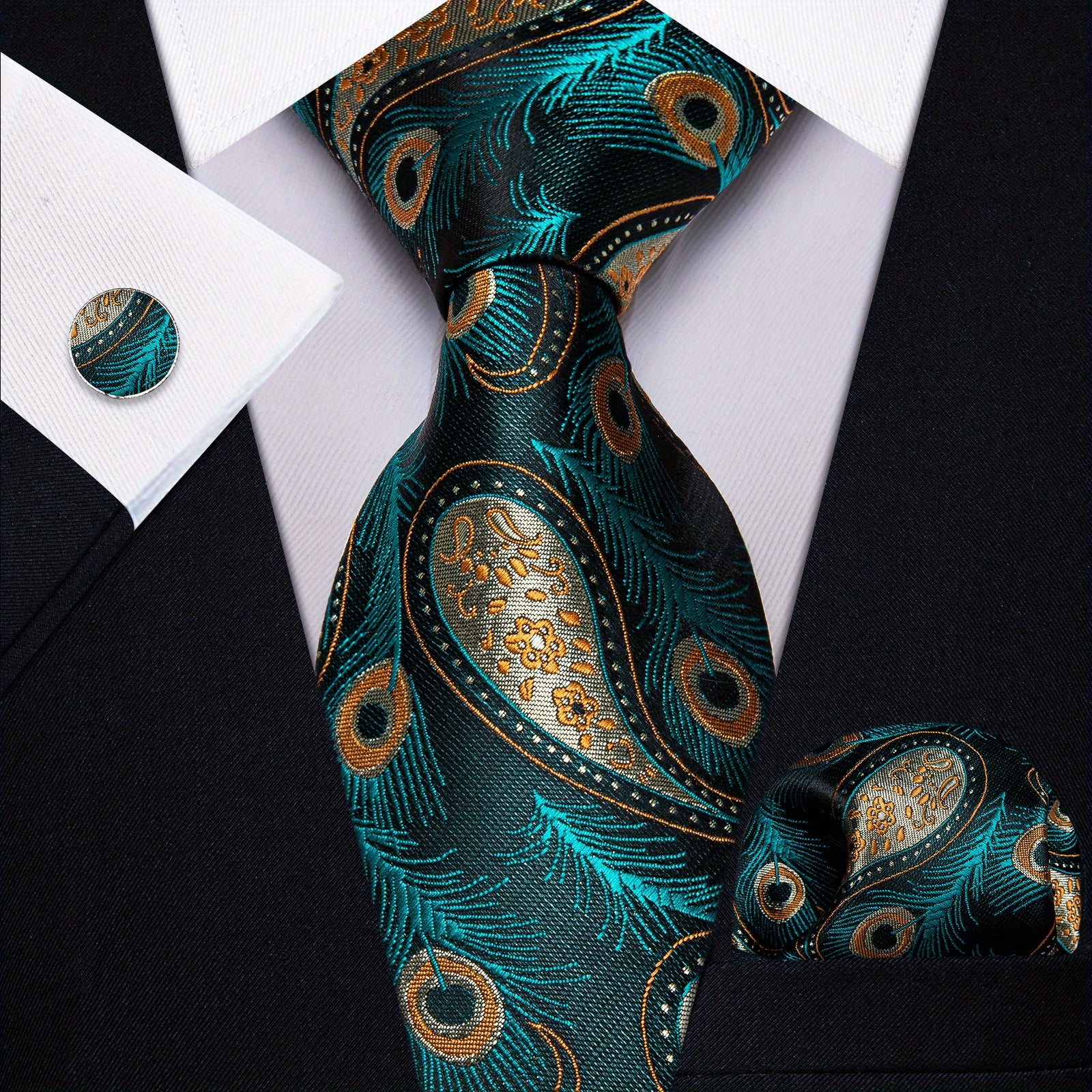Men's Business Accessories Set: Necktie, Handkerchief & Cufflinks
