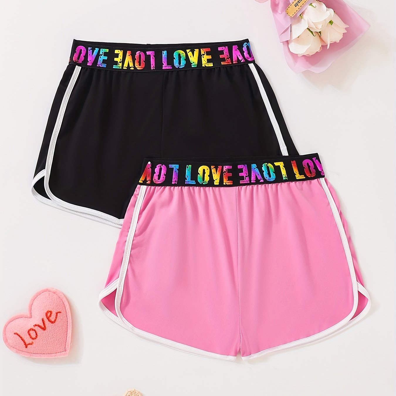 Kid Girls 2pcs Yoga Shorts Set Dry Fit Rainbow Letter Waistband Sportwear Shorts