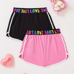 Kid Girls 2pcs Yoga Shorts Set Dry Fit Rainbow Letter Waistband Sportwear Shorts